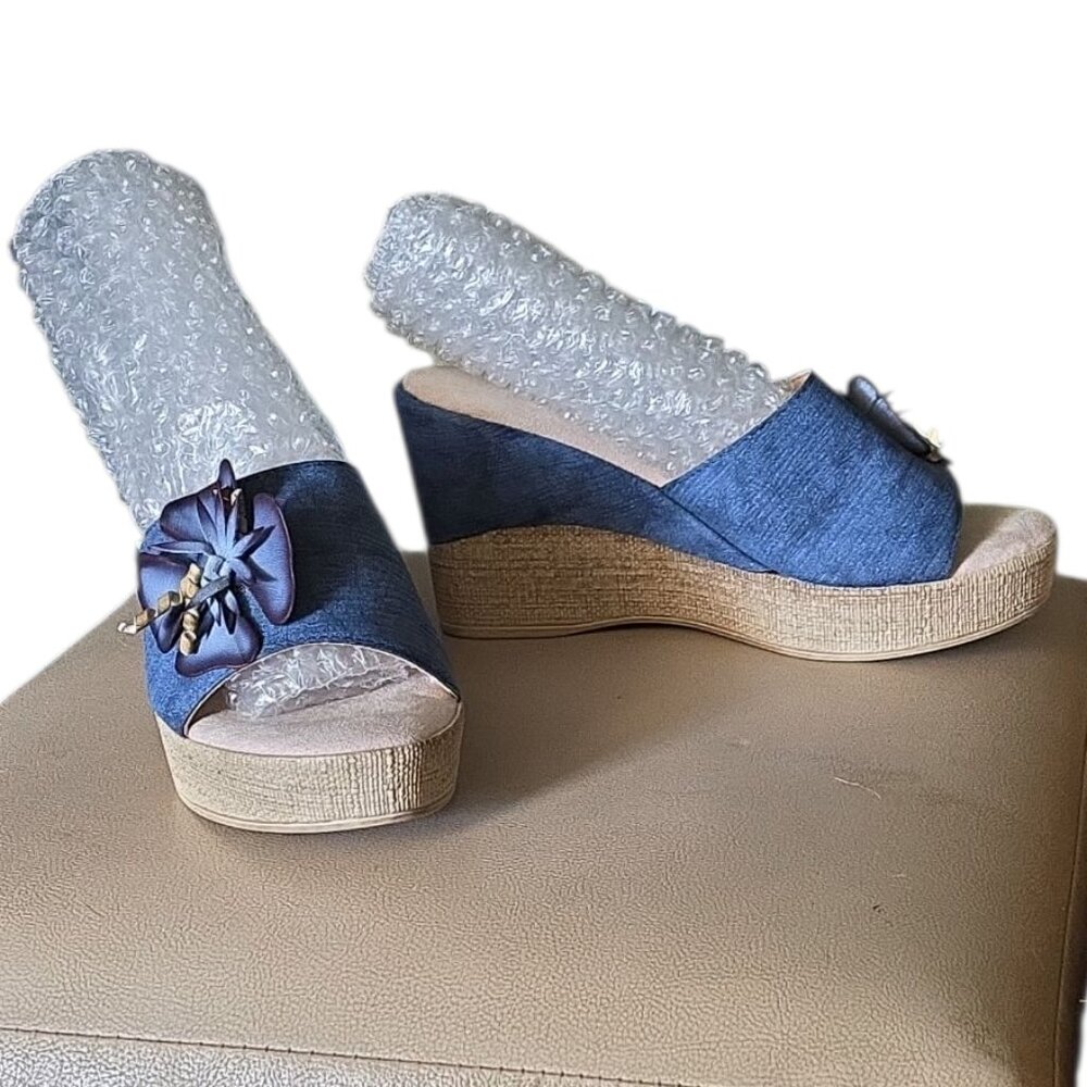 Size 7.5 Tuscany by Easy Street Denim Blue Castello Wedge Sandals No Box